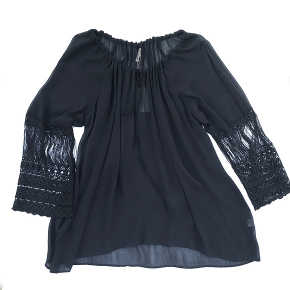 XCVI Tops - XCVI Sheer Black Off Shoulder Fringe Sleeve Boho